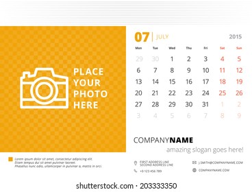 Calendar 2015 July vector design template with place for photo