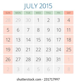 Calendar 2015 July vector design template. Week starts sunday