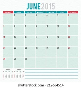 Calendar 2015 June US version vector design template