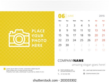 Calendar 2015 June vector design template with place for photo