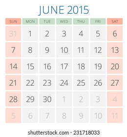 Calendar 2015 June vector design template. Week starts sunday