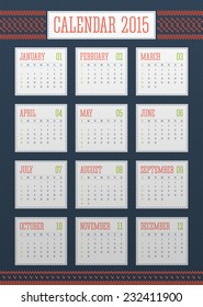 Calendar 2015 with knitted background, week starts at Sunday