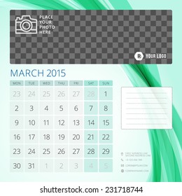 Calendar 2015 March template with place for photo. Week starts monday