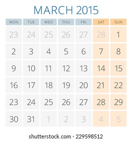 Calendar 2015 March vector design template. Week starts monday