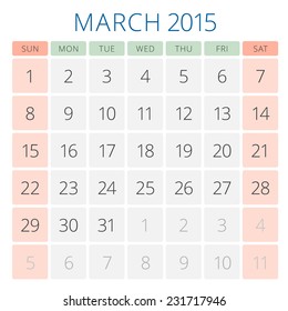 Calendar 2015 March vector design template. Week starts sunday
