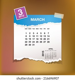 Calendar 2015 March vintage paper on grunge background 