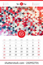 Calendar 2015 may month. Vector template with abstract background. Week starts sunday