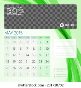 Calendar 2015 May template with place for photo. Week starts monday