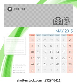 Calendar 2015 May template with place for photo. Week starts sunday