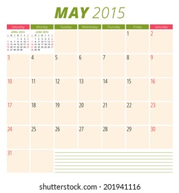 Calendar 2015 May US version vector design template 