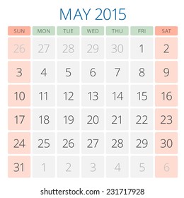 Calendar 2015 May vector design template. Week starts sunday