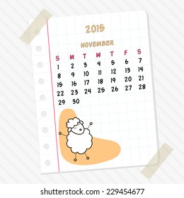 Calendar 2015 for November and cute lamb drawn by hand on a sheet of paper. Vector illustration.