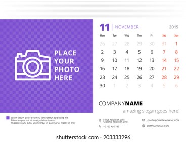 Calendar 2015 November vector design template with place for photo