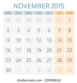 Calendar 2015 November vector design template. Week starts monday