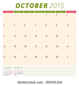 Calendar 2015 October US version vector design template 