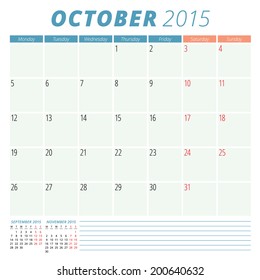 Calendar 2015 October vector design template 