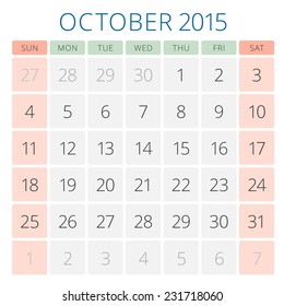 Calendar 2015 October vector design template. Week starts sunday