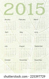 Calendar 2015 on leaf veins texture. Vector