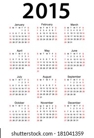 Calendar for 2015 on white background. Vector EPS 10 illustration.