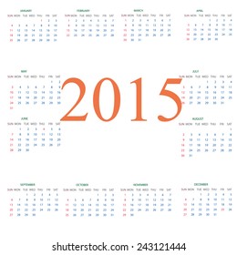Calendar for 2015 on white background.