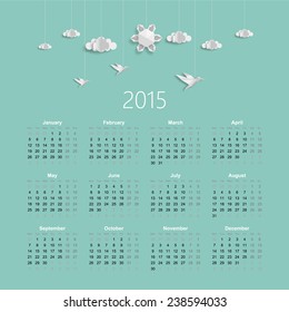 Calendar for 2015, with origami clouds sun and flying birds, realistic illustration Vector EPS10. 