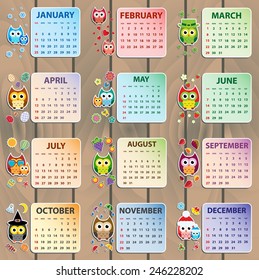 Calendar 2015 with owls vector illustration