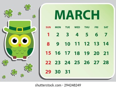 Calendar 2015 with owls. Vector illustration