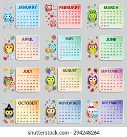 Calendar 2015 with owls. Vector illustration