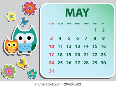 Calendar 2015 with owls. Vector illustration