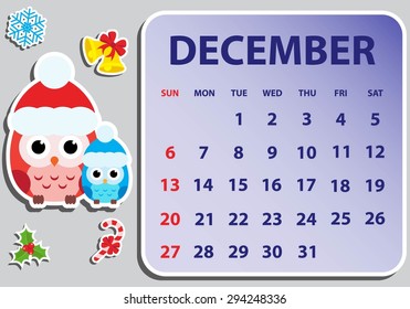 Calendar 2015 with owls. Vector illustration