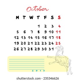 Calendar 2015 page illustration with sheep doodle and notes section over white, October