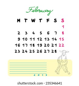 Calendar 2015 page illustration with sheep doodle and notes section over white, February