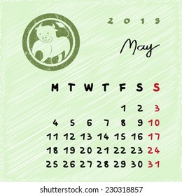 Calendar 2015 page illustration with zodiac sign of Taurus as grungy stamp over a colored scribble background, may