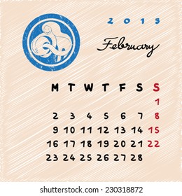 Calendar 2015 page illustration with zodiac sign of Aquarius as grungy stamp over a colored scribble background, February