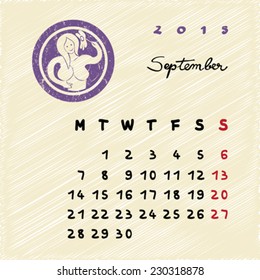 Calendar 2015 page illustration with zodiac sign of Virgo as grungy stamp over a colored scribble background, September