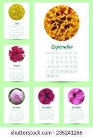Calendar 2015 with photorealistic flowers . Vector. Week starts monday