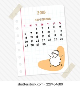 Calendar 2015 for September and cute lamb drawn by hand on a sheet of paper. Vector illustration.