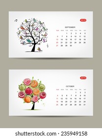 Calendar 2015, september and october months. Art tree design. Vector illustration
