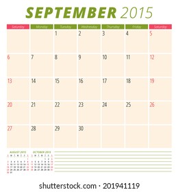 Calendar 2015 September US version vector design template 