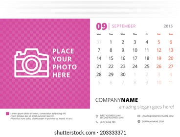 Calendar 2015 September vector design template with place for photo