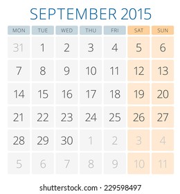 Calendar 2015 September vector design template. Week starts monday