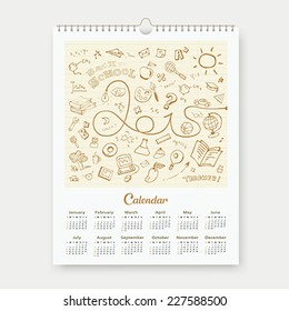 Calendar 2015 sketch back to school design background, vector illustration