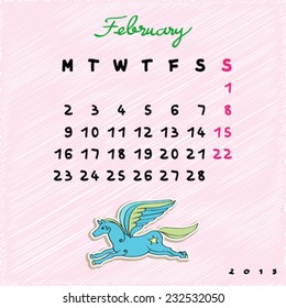 Calendar 2015 with toy horse, graphic illustration of February month calendar with original hand drawn text