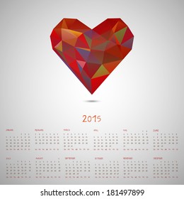 Calendar 2015, triangle modern hipster style flying heart, yearly calendar with hand drawn dates