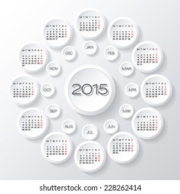 Calendar 2015 vector design. Calendar template. White circles 3d calendar design template