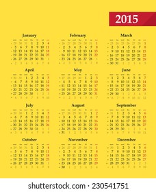 Calendar 2015, vector editable template. Black and red letters on yellow background. Monday - beginning of week. Grid contains numbers of weeks.