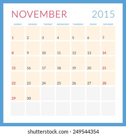 Calendar 2015 vector flat design template. November. Week starts Sunday