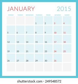 Calendar 2015 vector flat design template. January. Week starts Monday