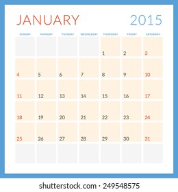 Calendar 2015 vector flat design template. January. Week starts Sunday