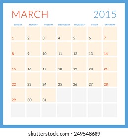 Calendar 2015 vector flat design template. March. Week starts Sunday